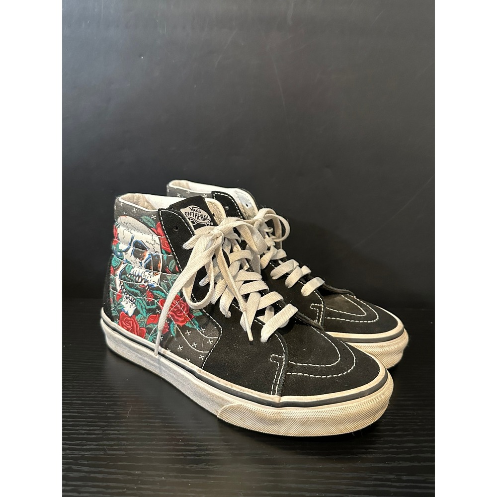 Vans Sk8-Hi Skull Rose Floral Black Suede High Top Sneakers Mens 4.5 Womens 6